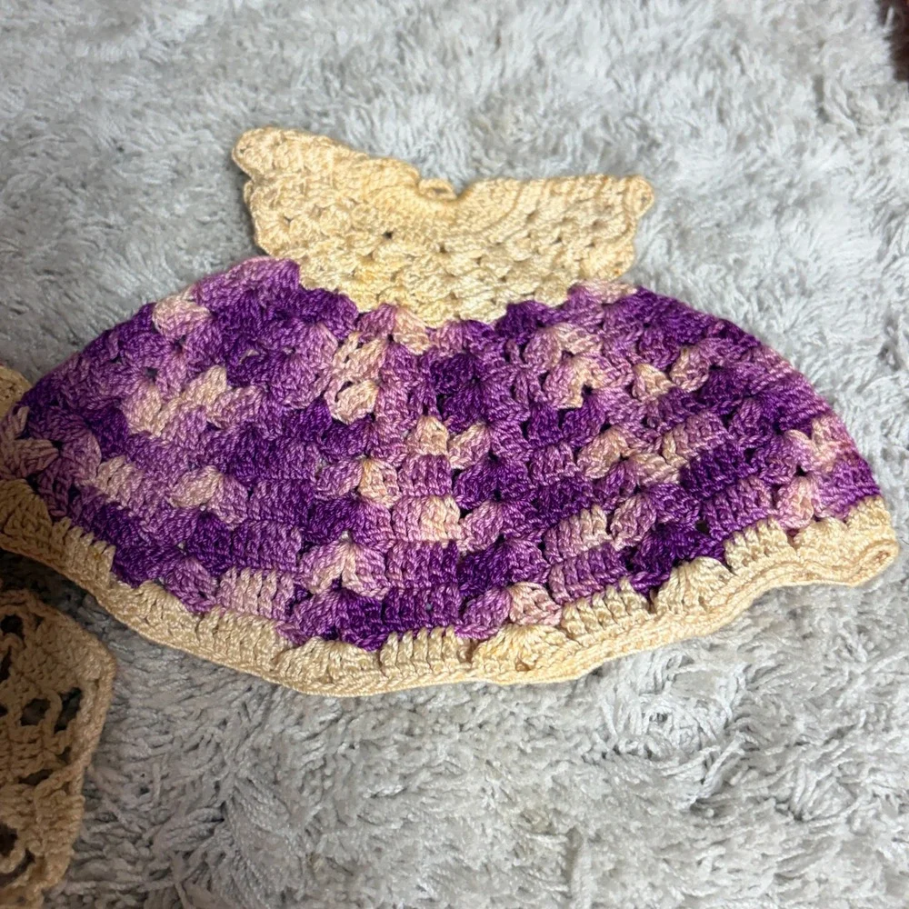 Lot of 2 Vintage Cotton Hand Crocheted Pot Holder/ Dresses Red- Purple READ